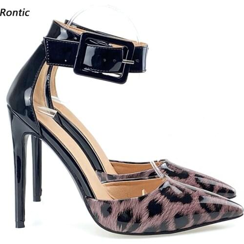 Rontic Handmade Women Leopard Pumps Sexy Stiletto Heels Pointed Toe Gorgeous Red Blue Grey Brown Dress Shoes US Size 5-15
