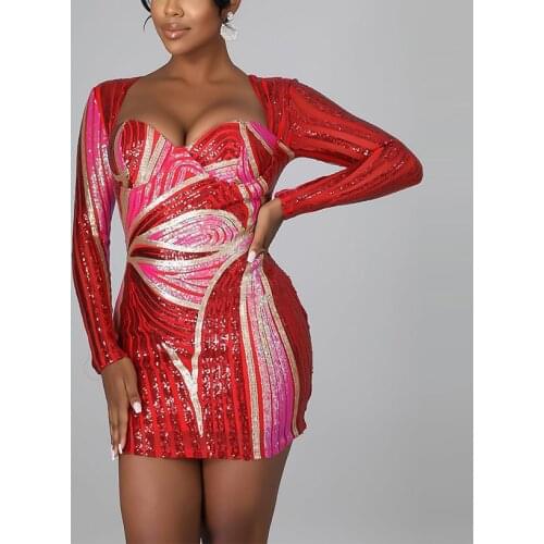 Women Sexy Sequined Dress Bodycon Full Sleeve Square Neck Mini Length Fashion Elegant Evening Night Club Clothes Vestidos Mujer