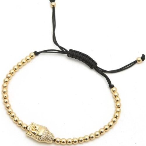 Gold silver micro pave cz Cubic Zirconia rope adjusted Copper Beads Bracelet hrh 2 Buddha head Charm Braided Bangles