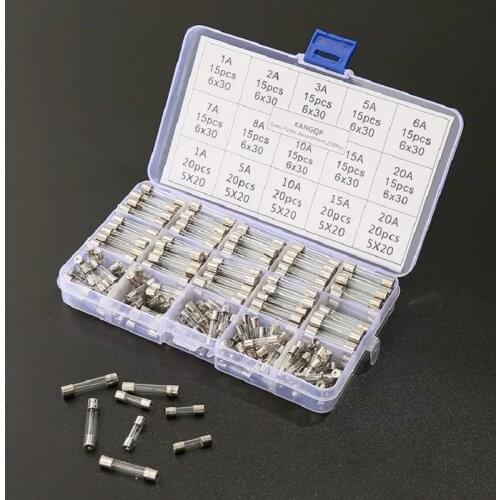 250Pcs/box Set Kit Glass Fuses 5x20mm 6x30mm Fuse Assorted Kits Quick Blow Glass Tube Fast-blow Glass Fuses 1-20A 250v