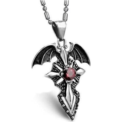 Bat Cross Pendant Necklace Men Red White Crystal Birthstone Devil wings Necklace Pendants Statement Jewelry With Leather Rope