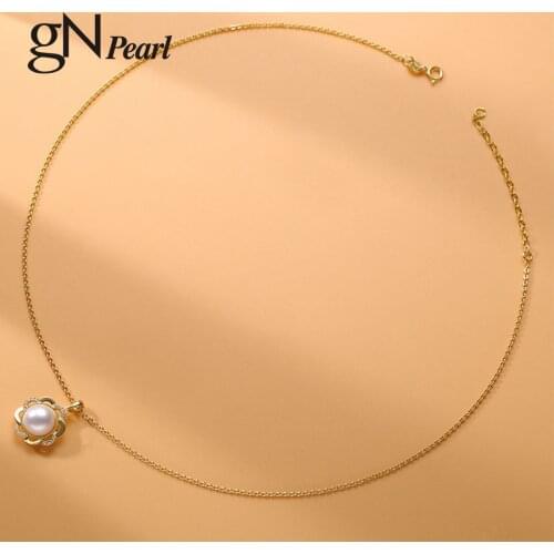 GN Pearl 925 Sterling Silver Pendants Necklaces Sun Flower Choker gNPearl White Natural Freshwater 9-10mm Pearl Collar Chains