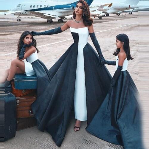 Elrgant Black And White Evening Gowns Strapless With Overlay Skirt Ball Gown Prom Dresses Custom Made