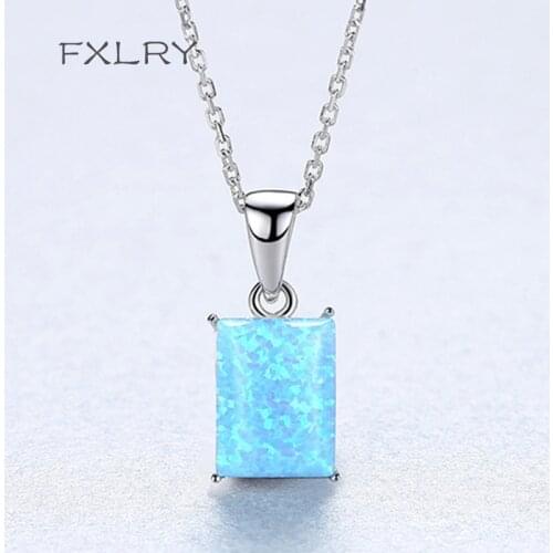 FXLRY New Design Silver color Square Fire Opal Pendant Neckalce Box Chain Necklaces for Women Jewelry Gifts