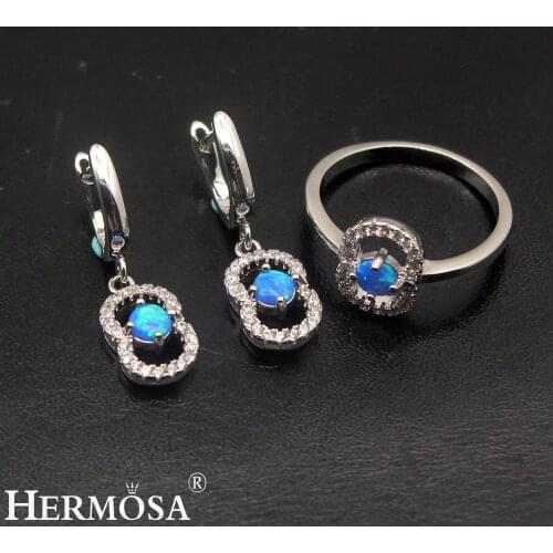 Hermosa 8 Design Blue Fire Australian Opal Silver Color Earrings Ring Sets Size 8 Pretty Women Party Jewelry Cute Gift