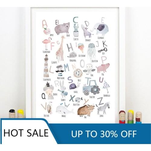 Canvas Painting Animal Alphabet Poster Nursery Wall Art Print Illustration Educational Boys Girls Wall Pictures Baby Room Decor