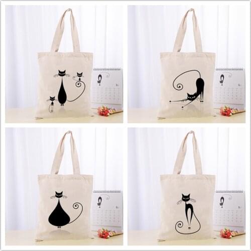 Hot Little Couple Black art cat Printed Canvas Tote Bag 30X35cm Convenient Shopping Women Handbag Custom Logo
