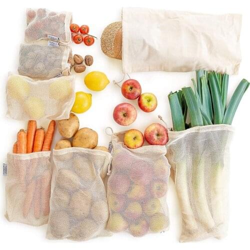 Reusable Produce Bags Natural Cotton Mesh Zero Waste Organic Cotton Mesh Produce Vegetable Tote Washable Drawstring Grocery Bag