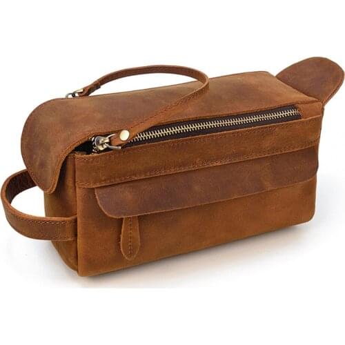Genuine Leather Mens Wash Bag Travel Cosmetic Case For Men Retro Cow Leather Clutch Bag Handheld Toiletry Storage Bag