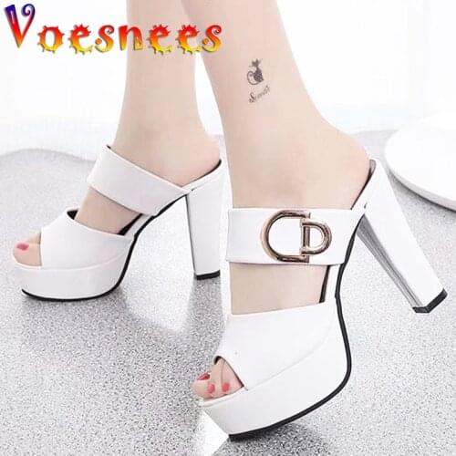 New Metal Decoration Sandals 2021 Fashion Shallow Open Toe Slippers Thick Heel Women Shoes Summer Sexy Party Dress High Heels