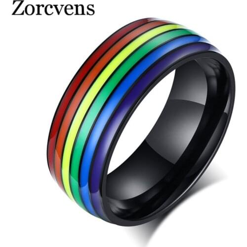 ZORCVENS New Fashion Rainbow Black Gold Silver Color Stainless Steel Gay Engagement Wedding Rings for Men Wholesale