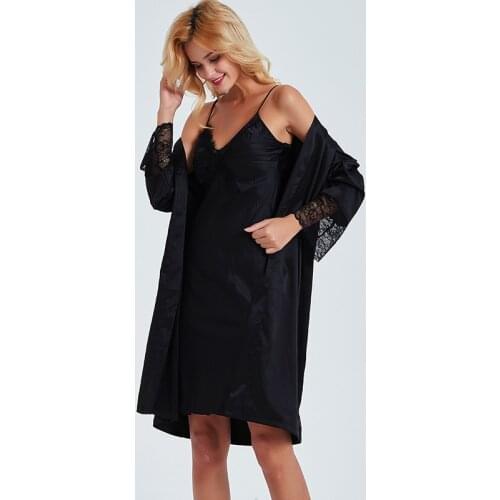 NEW Arrival Female Robe Set Home Dress Kimono Bathrobe Gown Sleep Shirt Lace Tirm Nightdress Summer Black Women 2PCS Sleepwear