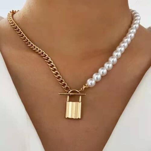 Fashion Personality Womens Necklace Simple Classic Half Pearl Half Metal Chain Lock Pendant Necklace 2021 Trend New Party Gift