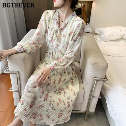 BGTEEVER Summer Bow Neck Floral Print Women A-line Dress Long Sleeve Female Dress Elegant Elastic Waist Chiffon Vestidos Femme