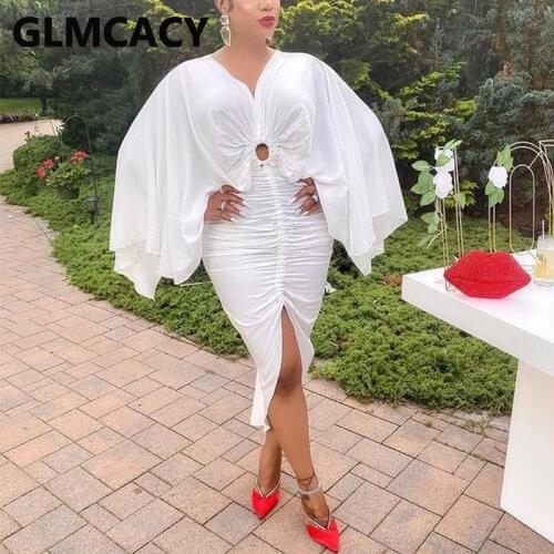 Batwing Sleeve V Neck Ruched Midi Dress Classy Party Club Dress