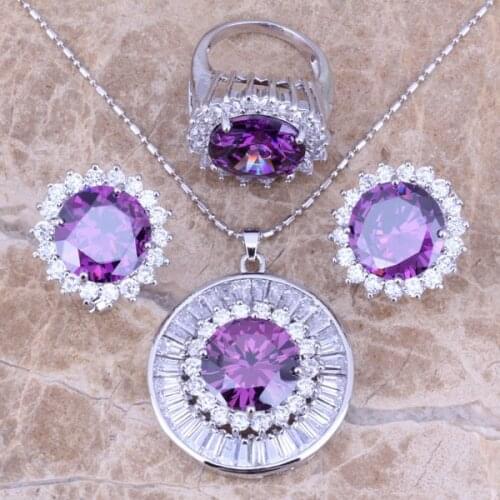 Purple Cubic Zirconia White CZ Silver Plated Jewelry Sets Earrings Pendant Ring Size 6 / 7 / 8 / 9 / 10 S0017