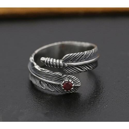 S925 Sterling Silver Jewelry Personalized Handmade Retro Thai Silver Feather Opening Ring