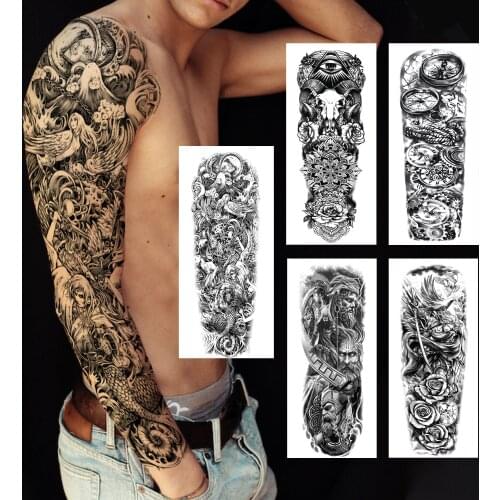 Unique Feather Nun Temporary Tattoos Sleeve For Men Women Deer Compass Samurai Rose Dove Fake Tattoo Full Arm Tattoo Sticker Big