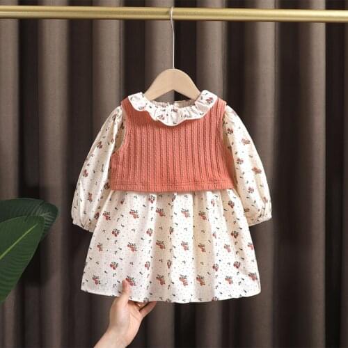 Spring Baby Girl Clothes Outfit Floral Dress Knitted Vest sets for 1 2 3 5 6 Year Girl Baby Birthday kids Princess Dresses dress