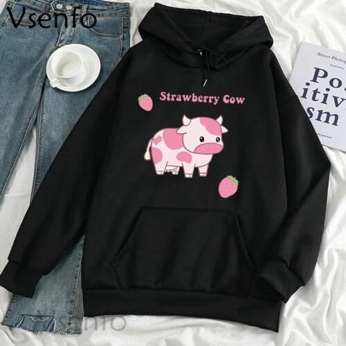 Strawberry Cow Kawaii Clthes Women Harajuku Cute Hoodie Casual Pullover Oversized Aesthetic Sweatshirts Winter Woman Clothing