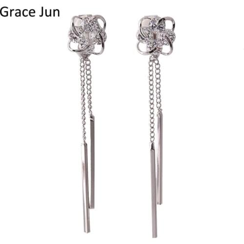 Grace Jun Top Quality Bridal AAA CZ Flower Shape Long Tassel Clip on Earrings No Pierced for Girls Wedding Party Bar Earrings