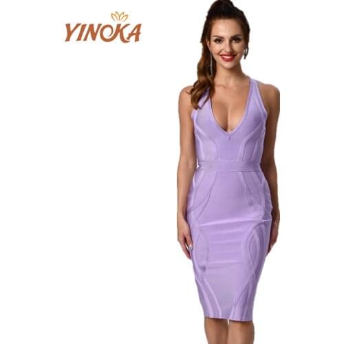 Yinoka Halter purple bodycon dress bandage v neck sexy red women elegant knee length celebrity cocktail dinner evening clothing