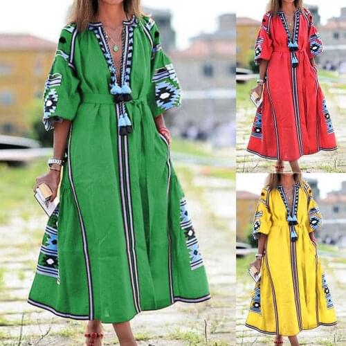 Women Vintage V Neck Puff Sleeve Maxi Dress Floral Print Tassel Large Hem 3/4 Sleeve Womens Summer Elegant Sundress Vestidos