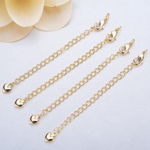 10PCS Conventional Length 24K Gold Color Brass Heart End Extend Chains with Lobster Clasps High Quality Jewelry Making Supplies