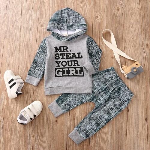 2020 Winter Infant Clothes Outfits Baby Boys and Girls Hooded Long Sleeve Letters Printing Top + Plaid Print Long Pants 0-24M