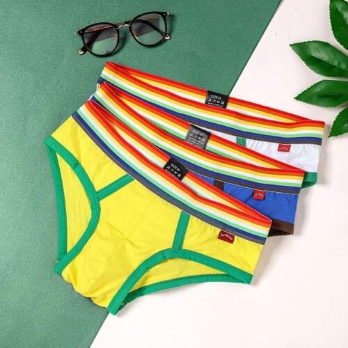 3 pcs/lot Cotton Underwear Mens Classic Week Briefs Rainbow Waistband Underpants Gay 3XL Green/White/Black/Navy/Red/Blue/Yellow
