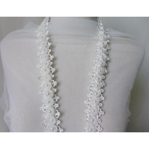 3 Yards Narrow Beaded Lace Trim, Rose Flower Ribbon Lace, Pearl Lace Trim In Ivory White Fashion Design