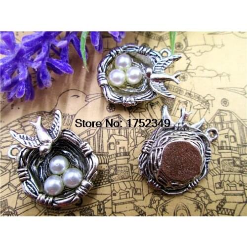 5pcs--Bird Nest Charms, Silver Tone with 3 Pearl Like Beads Simply Stunning,bird nest pendants 24x23mm