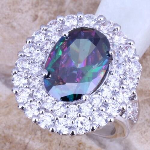 Rainbow Mystic Cubic Zirconia Silver Plated Big Ring Size 5 / 7 / 8 / 9 E690