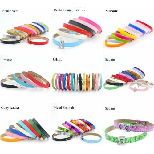 10pcs Mixed color PU/Genuine Leather/Silicone Bracelet Wristband 8mm width 21cm length can Through 8mm Slide Letters Charms