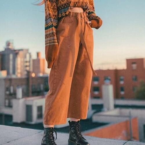 Brown Pants Women Autumn Wide Leg Pants Mid Waist Ankle Length Pants Straight Trousers with Sashes Female Harajuku Oversize