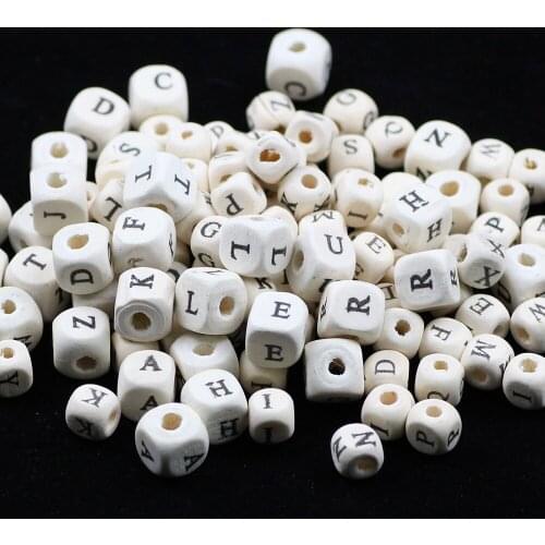 BTFBES 8-10mm natural Wooden Beads Print 26 Letters Random Mixed 100Pcs Square Wood Loose bead fit Women Men Bracelet Making DIY