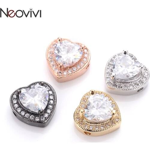 Neovivi Heart Beads for Beadwork Women Men Bracelets Necklaces DIY Bead Pave Big White Zircon Micro CZ Jewelry Craft Accessories