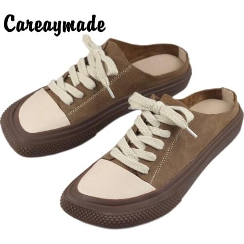 Careaymade-Genuine leather RETRO art square head half slipper womens shoes,hand-made flat bottomed cool slipper board shoes