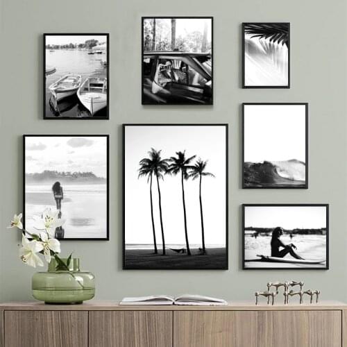 Black White Waves Beach Girl Surfboard Palm Tree Boat Nordic Poster Wall Art Print Canvas Painting Decor Picture For Living Room