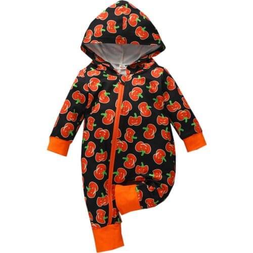 Childrens boys and girls baby onesies Halloween hooded long romper European and American tide pumpkin print long-sleeved romper