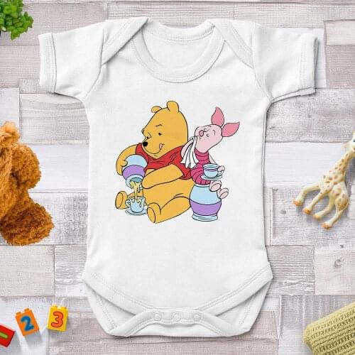 Pooh Winnie Piglet Print Baby Rompers Newborn Summer White O-neck Jumpsuits Baby Girl Clothes Disney Cartoon Bebe Outfits 0-24M