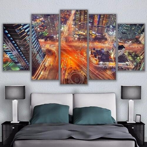 Canvas Printed Paintings Art 5 Panel Scenic Overhead Cityscape City Night Poster Home Decor Living Room Modular Framework