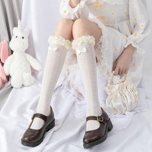 Kawaii White Lace Jk Socks Middle Tube Bowknot White Lace Socks Knee Socks Lolita Long Socks Jk Calf Socks Women Harajuku