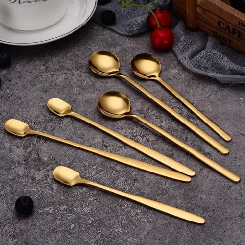 High Quality Retro Bar Coffee Spoon Round Head Spoons Gold Stainless Steel Spoon Long Handle Square Head Spoon Home Kitchen Dec
