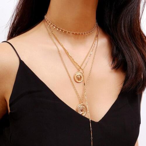 Punk Multi Layered Circle Tassel Choker Necklace Collar Statement Virgin Mary Coin Crystal Pendant Necklace Women Jewelry Girls