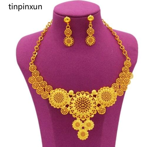 PINXUN Sunflower India 24K Jewelry Set Gold Color/Copper Necklace Earrings Arab Dubai Bridal Wedding Party Jewelry set MOM Gifts