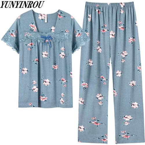 New Arrivals TR Modal Floral Print Womens Pajama Sets Elegant Nightwear Women Pajamas Full-Length Pants Plus Size 4XL Sleepwear