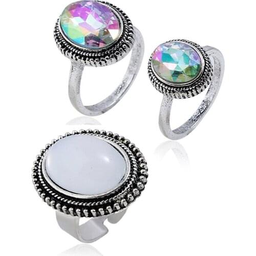 New Vintage Opal Colorful Rhinestone Rings Set For Women Chunky Geometric Pattern Rings Party Bohemian Jewelry