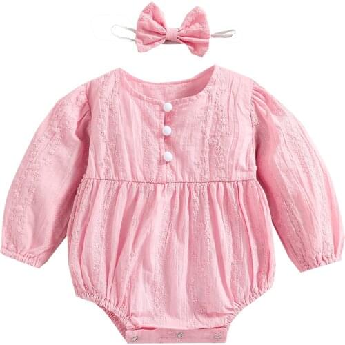 2 Pcs Newborn Casual Outfits, Toddler Solid Color Long Sleeve Round Neck Playsuit + Bow Headband