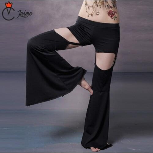 Sexy New Tribal Belly Dance Pants Black Practice Pants Elastic Waist with Hole Inseparable High Waisted Flare Pants Women